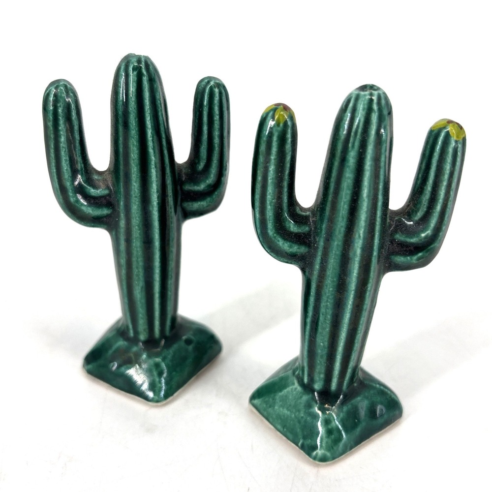Vintage Green Cactus Ceramic Figurine Lot Glossy Glaze Desert Decor 3.5" - Picture 2 of 7